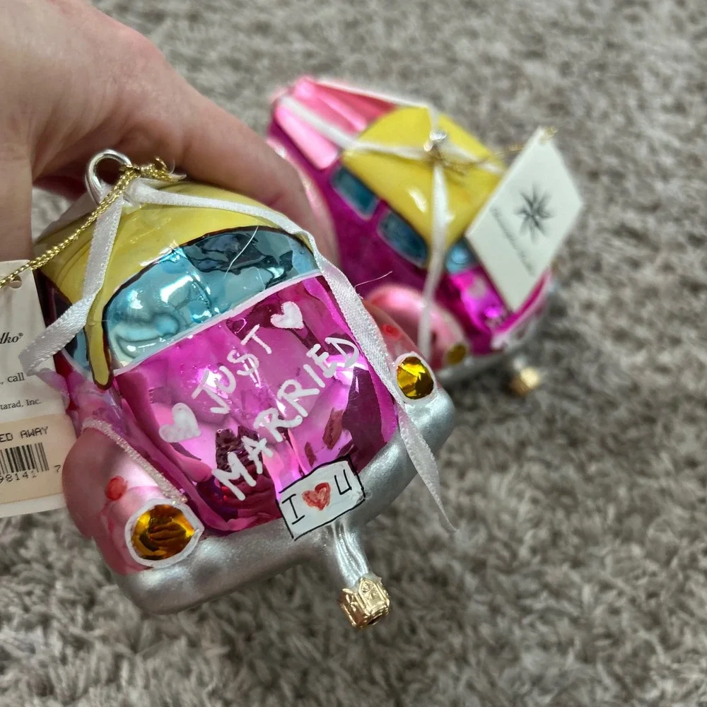 Vintage Christopher Radko 1998 Married Away Ornaments Set‎ 2 Pink Wedding Car
